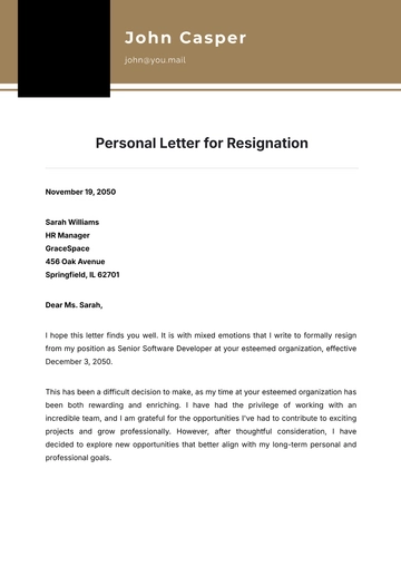 Free Personal Letter Template for Resignation to Edit Online
