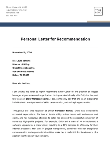 Free Personal Letter for Recommendation Template to Edit Online