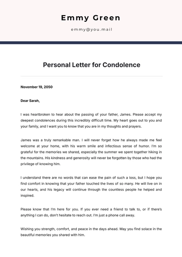 Free Personal Letter Template for Condolence to Edit Online