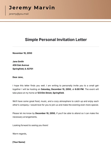 Free Simple Personal Invitation Letter Template to Edit Online