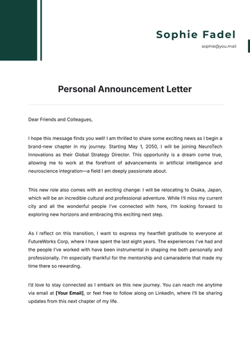 Free Personal Announcement Letter Template to Edit Online