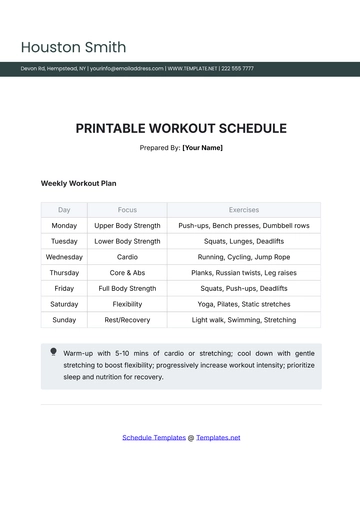 Free Printable Workout Schedule Template to Edit Online