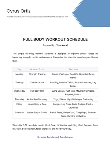 Free Full-Body Workout Schedule Template to Edit Online