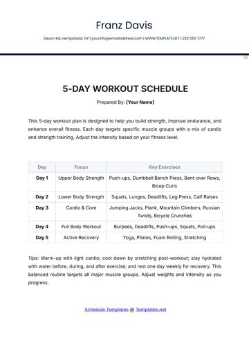 Free 5-Day Workout Schedule Template to Edit Online