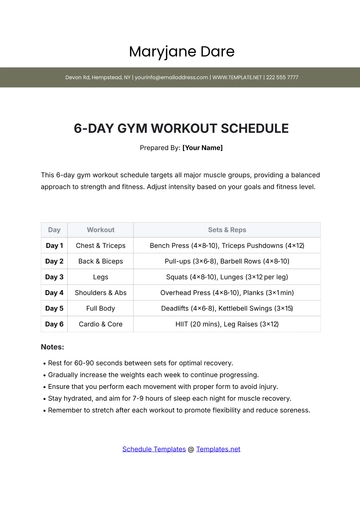 Free 6-Day Gym Workout Schedule Template to Edit Online