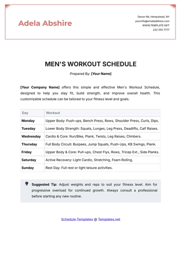 Free Men's Workout Schedule Template to Edit Online