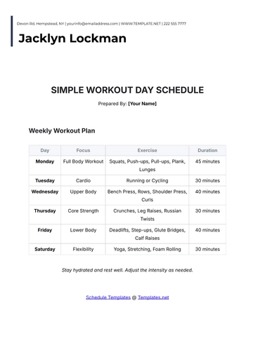 Free Simple Workout Days Schedule Template to Edit Online