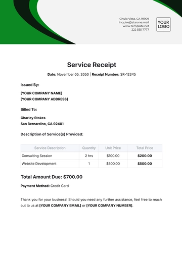 Free Service Receipt Template to Edit Online