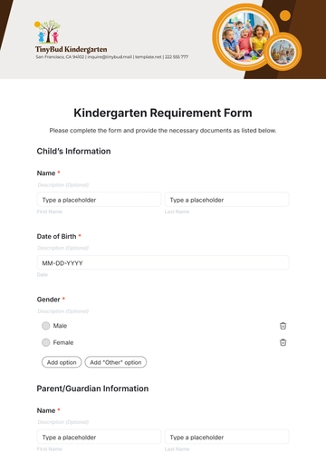 Free Kindergarten Requirement Form Template to Edit Online
