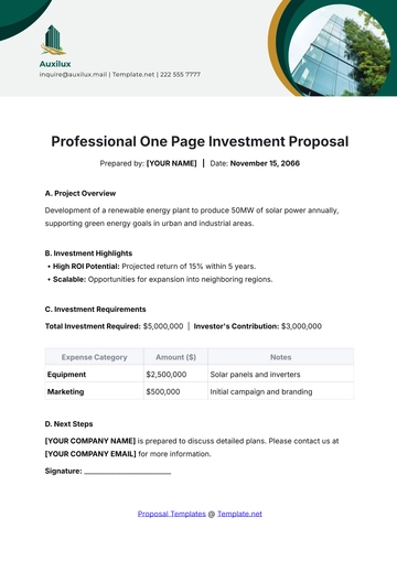 Free Professional One Page Investment Proposal Template to Edit Online