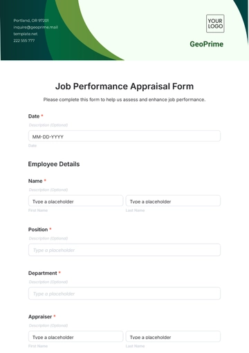 Free Job Performance Appraisal Form Template to Edit Online