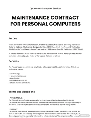 Maintenance Contract for Personal Computers Template Maintenance Contract for Personal Computers Template