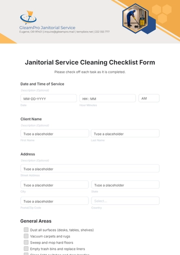 Free Janitorial Service Cleaning Checklist Form Template to Edit Online