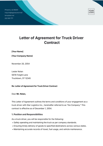 Free Letter of Agreement for Truck Driver Contract Template to Edit Online