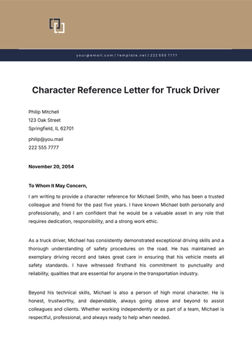 Free Character Reference Letter for Truck Driver Template to Edit Online
