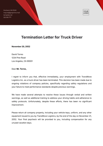 Free Termination Letter for Truck Driver Template to Edit Online