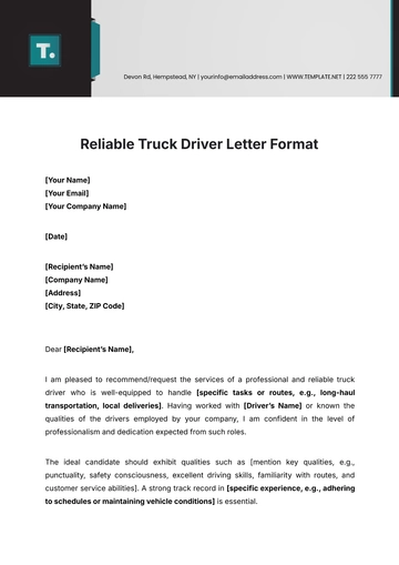 Free Reliable Truck Driver Letter Format Template to Edit Online