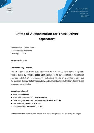 Free Letter of Authorization for Truck Driver Operators Template to Edit Online
