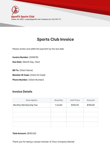Free Sports Club Invoice Template to Edit Online