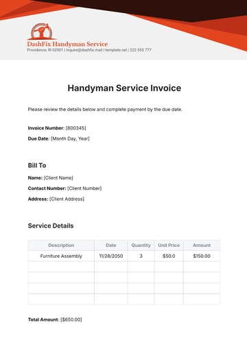 Free Handyman Service Invoice Template to Edit Online