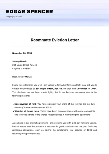 Free Roommate Eviction Letter Template to Edit Online