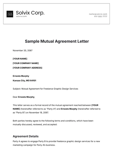 Free Sample Mutual Agreement Letter Template to Edit Online