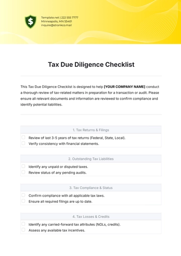 Free Tax Due Diligence Checklist Template to Edit Online