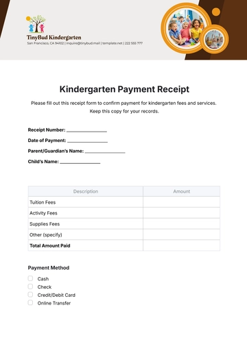 Free Kindergarten Payment Receipt Template to Edit Online