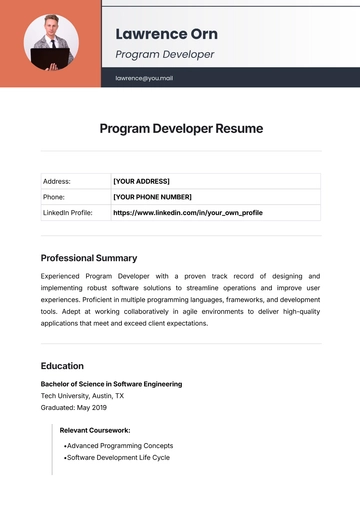 Free Program Developer Resume Template to Edit Online