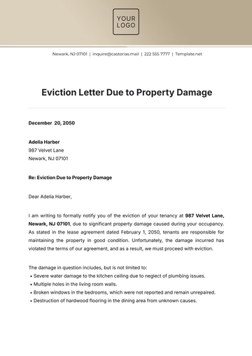Free Eviction Letter Due to Property Damage Template to Edit Online