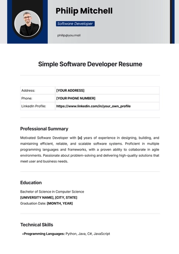 Free Simple Software Developer Resume Template to Edit Online