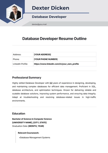 Free Database Developer Resume Outline Template to Edit Online