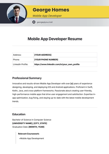 Free Mobile App Developer Resume Template to Edit Online