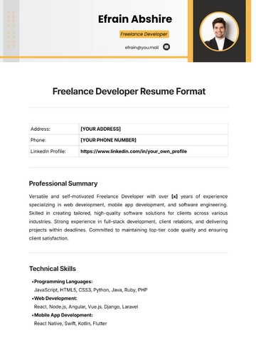 Free Freelance Developer Resume Format Template to Edit Online