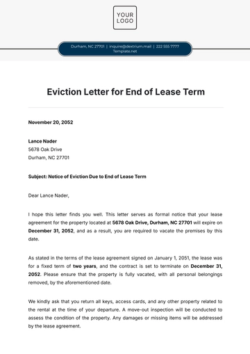 Free Eviction Letter for End of Lease Term Template to Edit Online