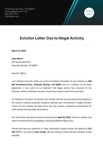 Free Eviction Letter Due to Illegal Activity Template to Edit Online