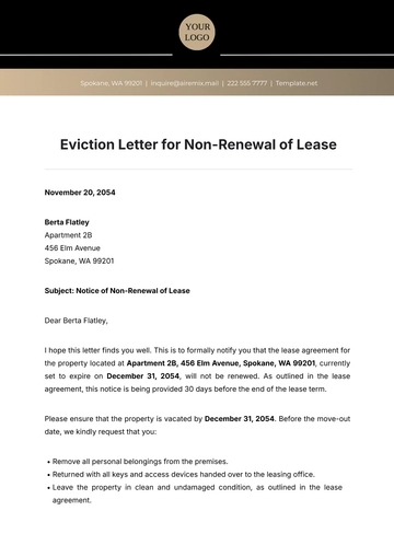 Free Eviction Letter for Non-Renewal of Lease Template to Edit Online