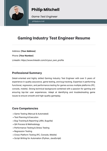 Free Gaming Industry Test Engineer Resume Template to Edit Online