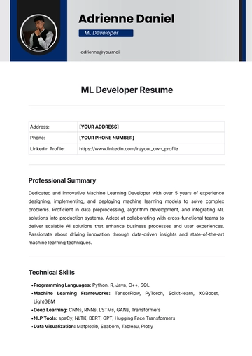 Free ML Developer Resume Template to Edit Online