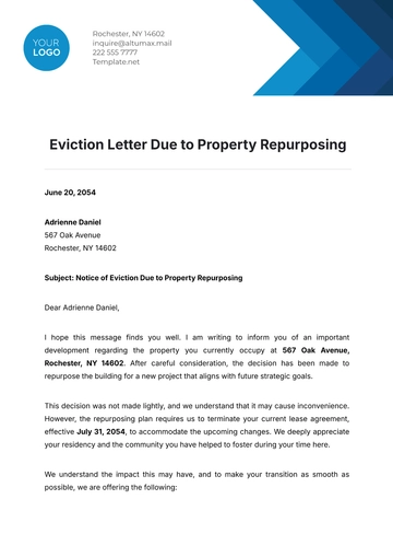 Free Eviction Letter Due to Property Repurposing Template to Edit Online