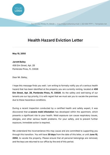 Free Health Hazard Eviction Letter Template to Edit Online