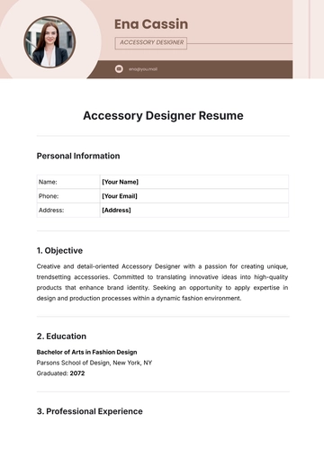 Free Accessory Designer Resume Template to Edit Online