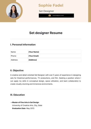 Free Set designer Resume Template to Edit Online