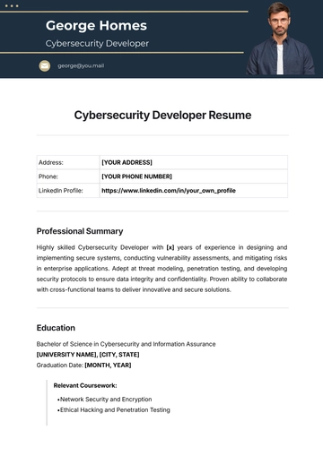 Free Cybersecurity Developer Resume Template to Edit Online