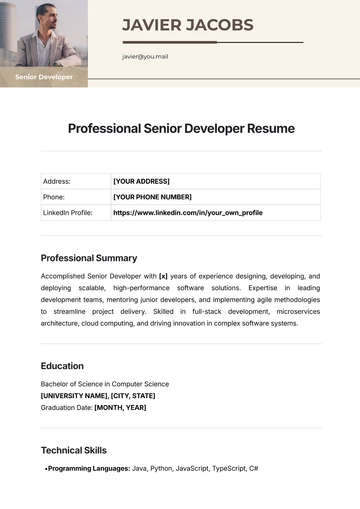 Free Professional Senior Developer Resume Template to Edit Online