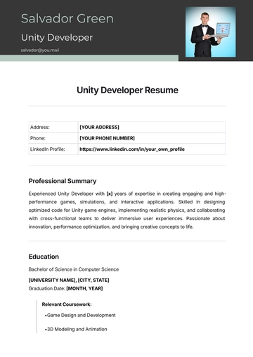 Free Unity Developer Resume Template to Edit Online