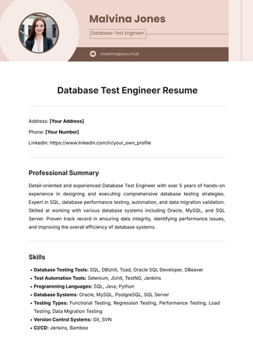 Free Database Test Engineer Resume Template to Edit Online