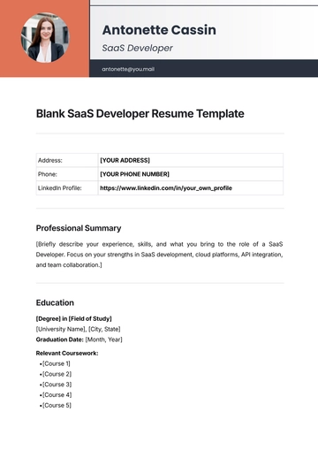 Free Blank SaaS Developer Resume Template to Edit Online