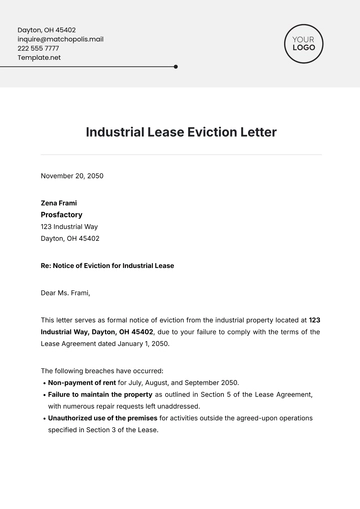 Free Industrial Lease Eviction Letter Template to Edit Online
