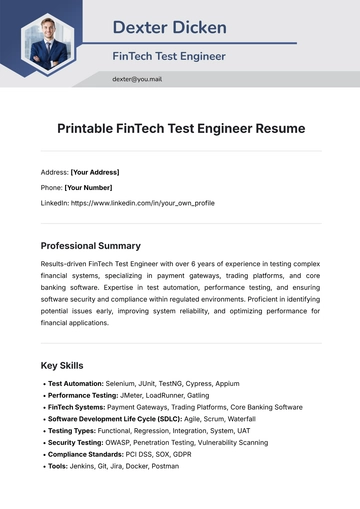 Free Printable FinTech Test Engineer Resume Template to Edit Online
